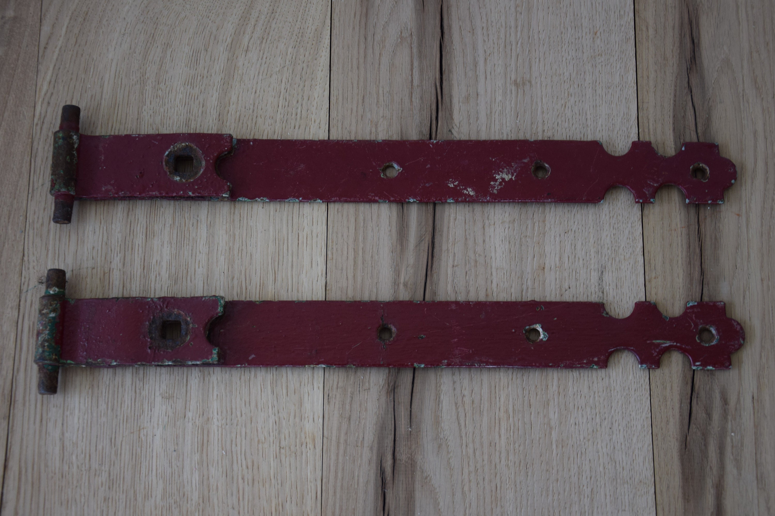 Set of 2 large antique strap hinges painted in maroon Etsy
