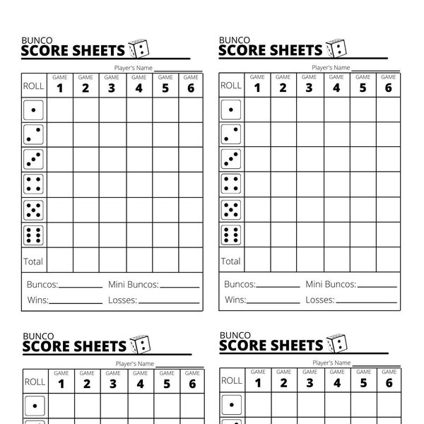 Bunco score sheets x4 - Bunco Score Sheets - Printable PDF