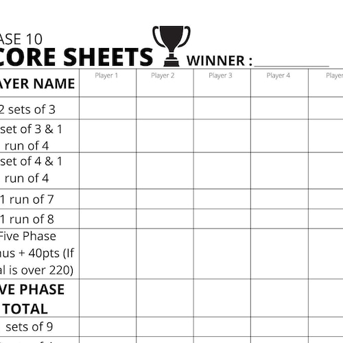 Phase 10 Printable Score Sheet