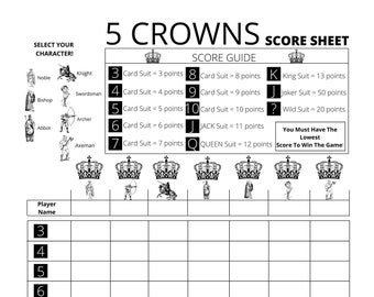 5 Crowns Score Card with added Character Select - Printable PDF File