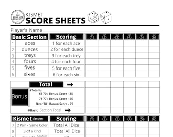Printable Kismet Score Sheets
