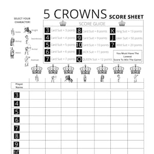 5 Crowns Score Card with added Character Select - Printable PDF File