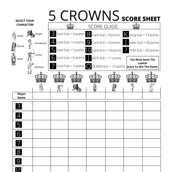 Printable Score Sheets for 5 Crowns Etsy