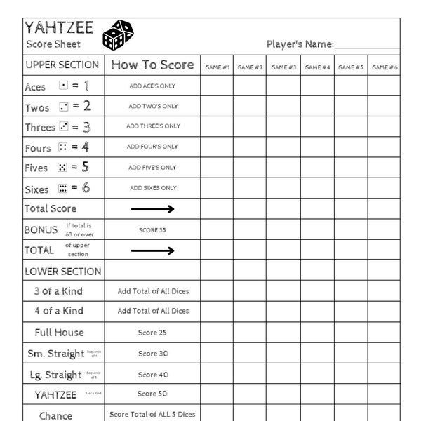 Yahtzee Score Card Print Ready File -  Yahtzee Scoresheet - Yahtzee Score pads - Printable Ready File - PDF Download 8.5x11