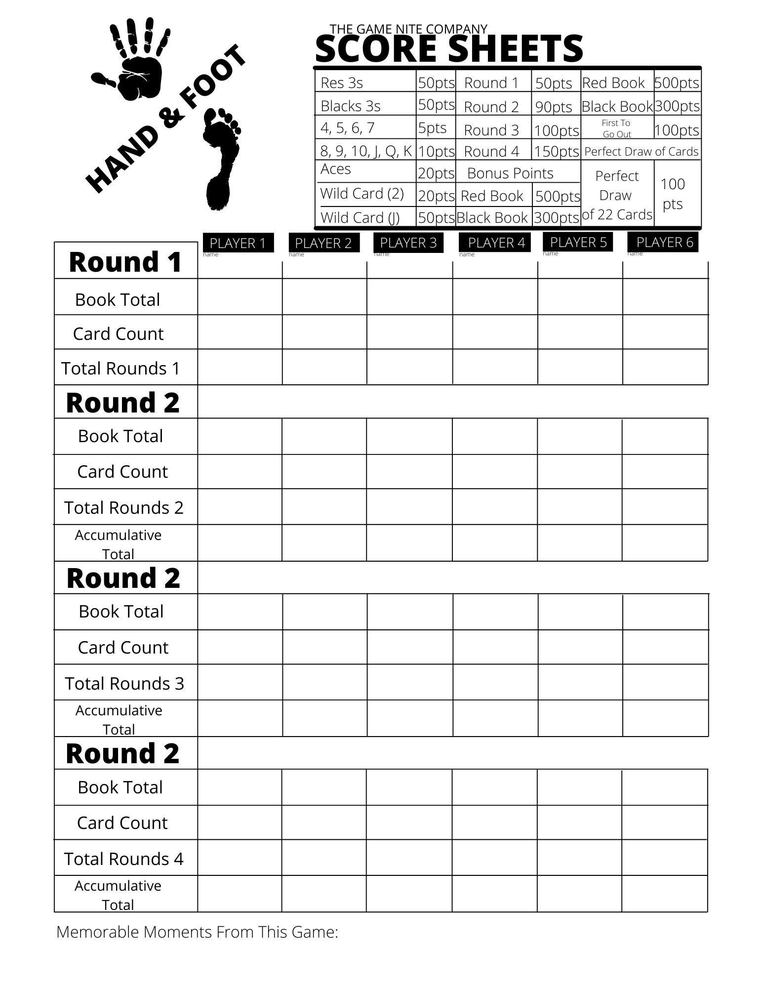Hand and Foot Score Card Hand and Foot Score Sheets and - Etsy