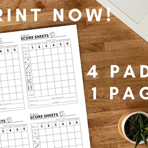 May include: Four printable Bunco score sheets on a single page. Each sheet has a space for a player's name, game number, and roll number. The sheets are designed for a game of Bunco, a dice game.