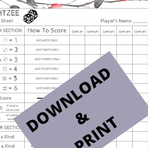 Yahtzee score card - Yahtzee Scoresheet - Yahtzee Score pads - Ready To Print File - PDF Download 8.5x11