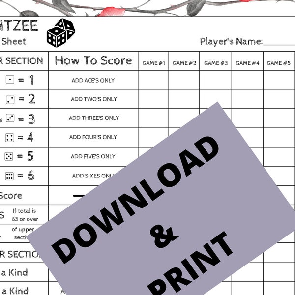 Yahtzee score card - Yahtzee Scoresheet - Yahtzee Score pads - Ready To Print File - PDF Download 8.5x11