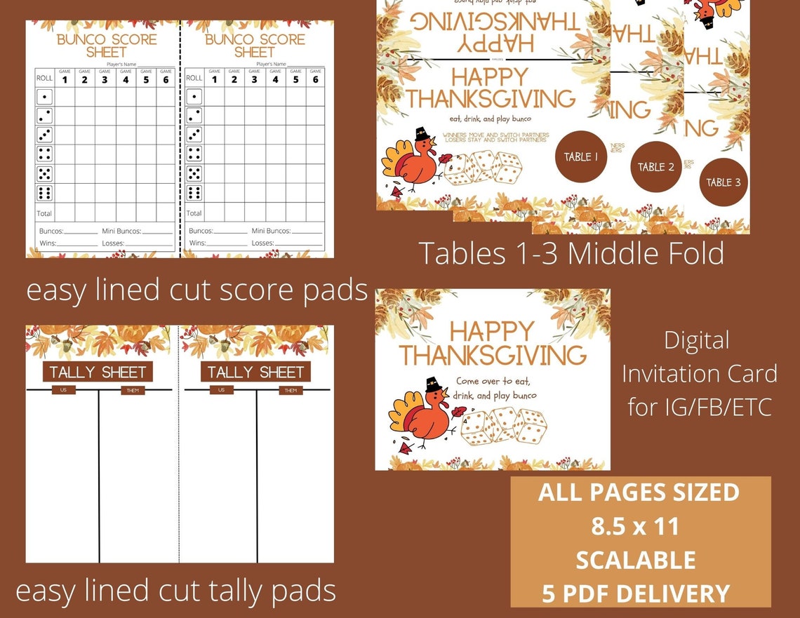 Bunco Score Sheets - Thanksgiving Themed - Thanks Giving Invitation ...