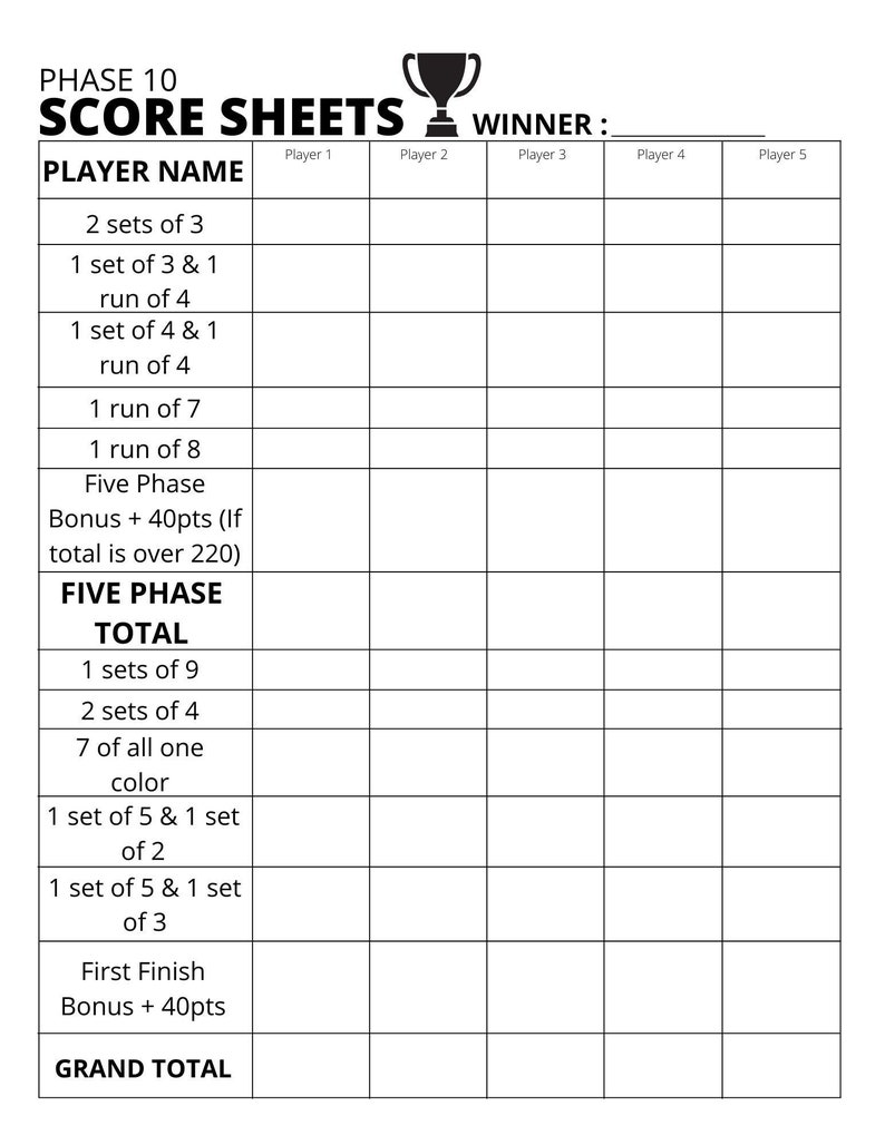 Phase 10 Scoreboard Score Sheet Printable PDF Etsy