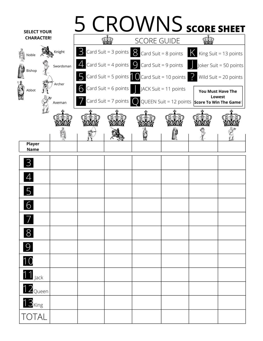 5 crowns score card with added character select - printable pdf