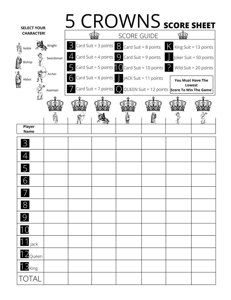 Five Crowns Printable Score Sheet