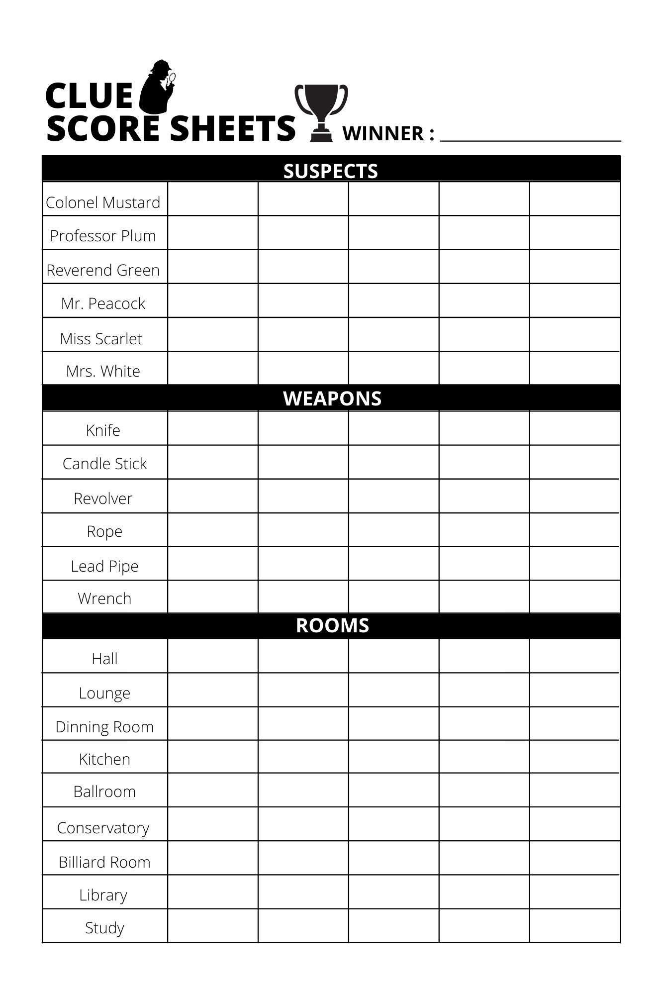 Clue Score Cards Printable Cards