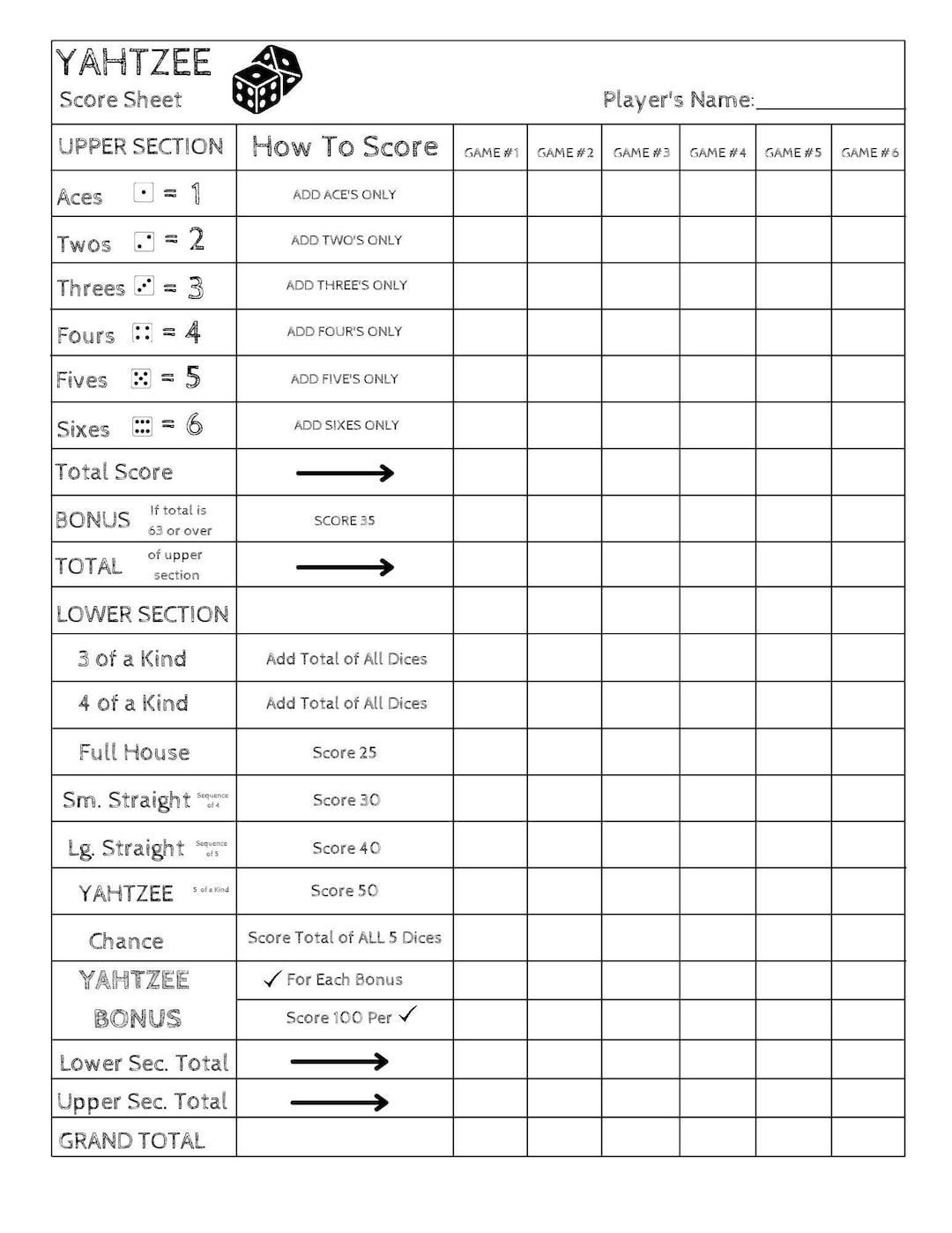 Yahtzee Score Card Print Ready File Yahtzee Scoresheet Yahtzee Score Pads  Printable Ready File PDF Download 8.5x11 