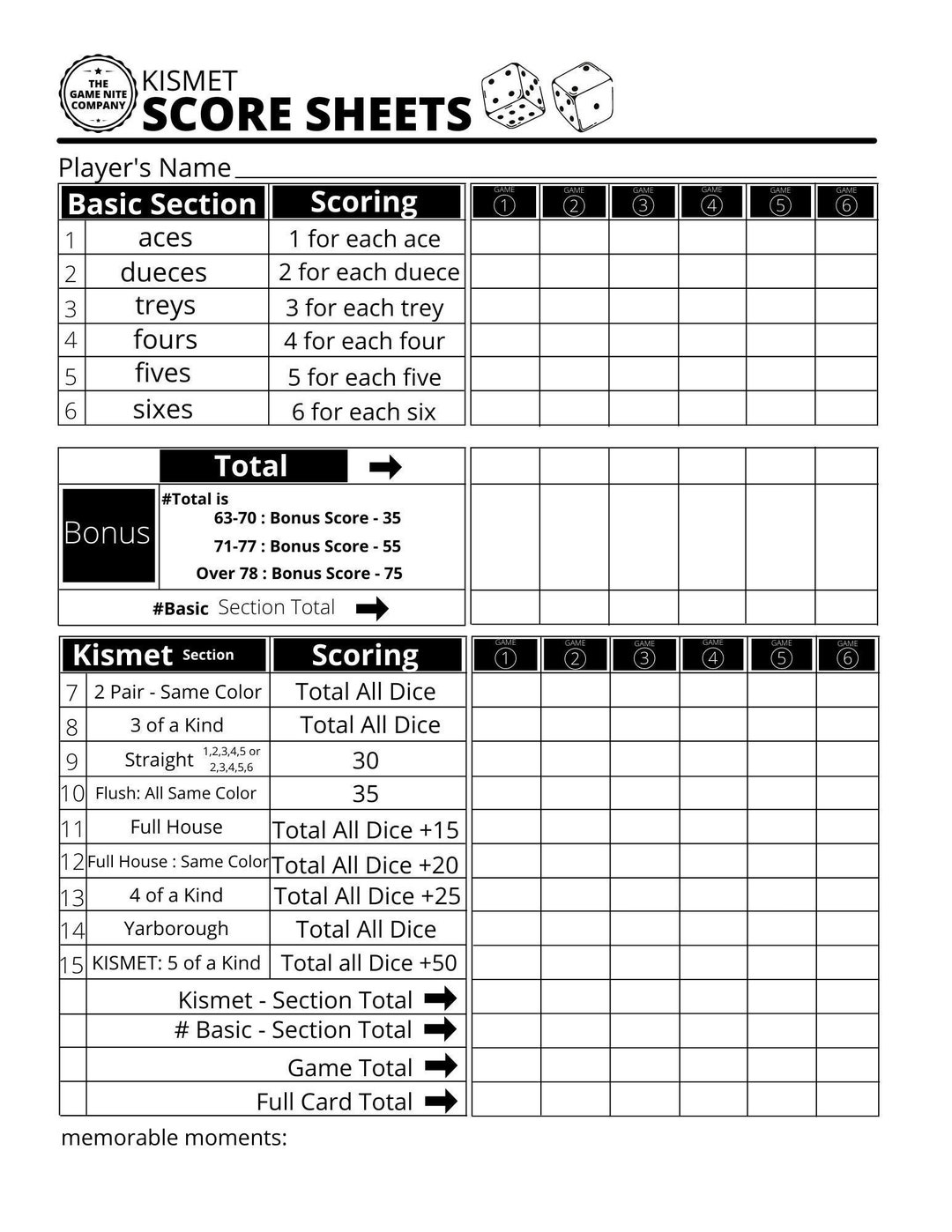 Kismet Score Sheets Printable PDF Kismet Score Cards Kismet Score Pads