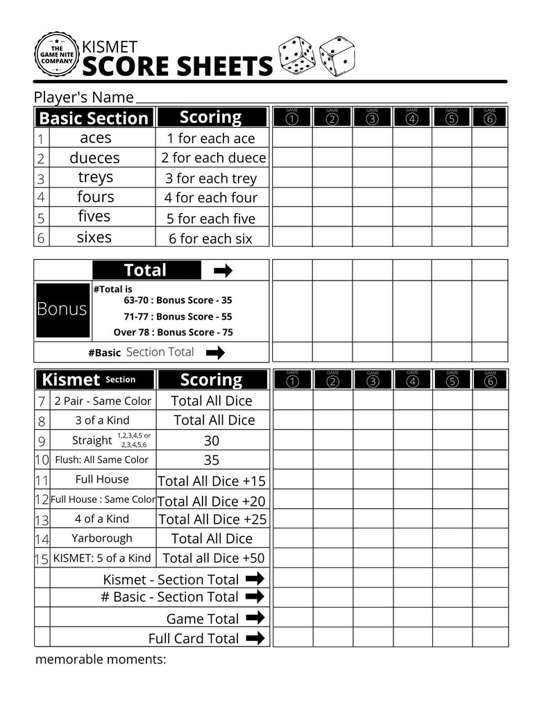 Kismet Score Sheets Printable PDF Kismet Score Cards Kismet Score Pads