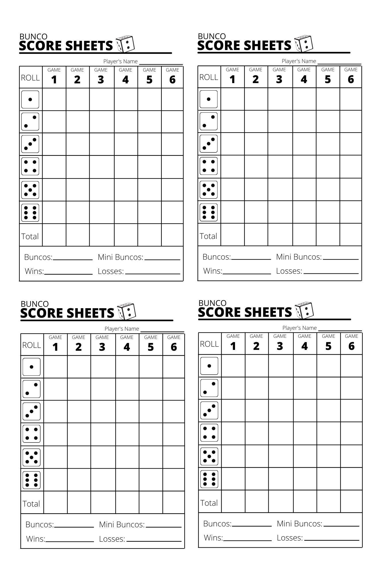 Printable Bunco Score Sheets