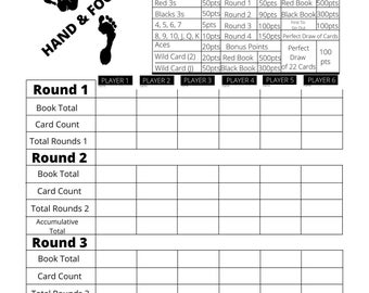Hand and Foot score card - Hand and Foot Score Sheets and Score Pads - Printable file - PDF Download 8.5x11