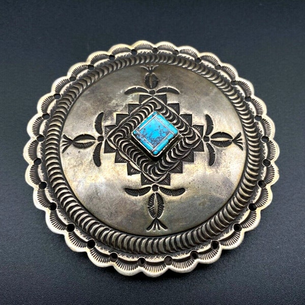 Vintage Navajo Turquoise Hand Stamped Sterling Silver Belt Buckle 1-3/8"