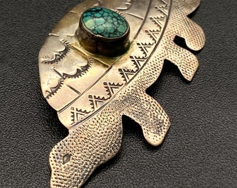 Vintage Navajo Platero Turtle Turquoise Hand Stamped Sterling Silver Brooch