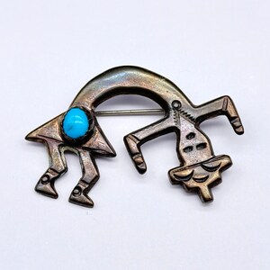 Vintage Navajo Kachina Turquoise Stampwork Sandcast Sterling Silver Brooch Pin