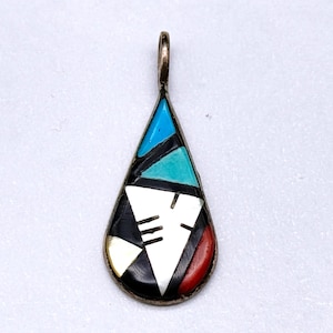 Petite Vintage Zuni Native Turquoise Coral MOP Inlay Sterling Silver Pendant