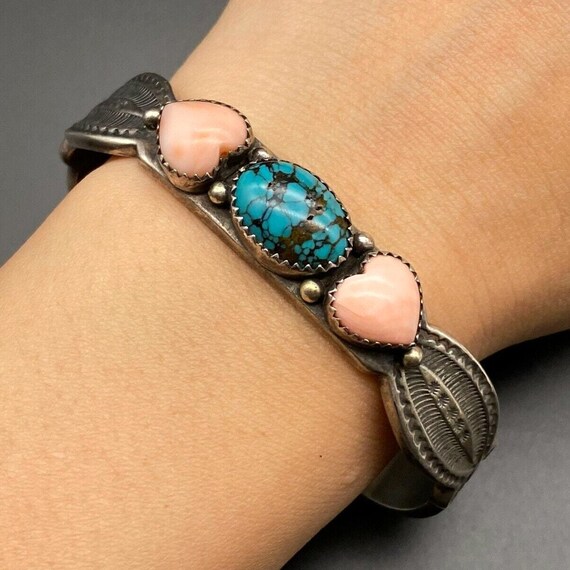 Mel Chee Vintage Native American Navajo Coral Sterling Silver Bracelet Mel Chee Vintage Native American Navajo Coral Sterling Silver Bracelet