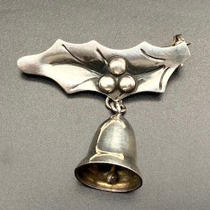 Vintage Mexiko Weihnachten Holly Blatt baumeln Glocke Sterling Silber Pin Brosche