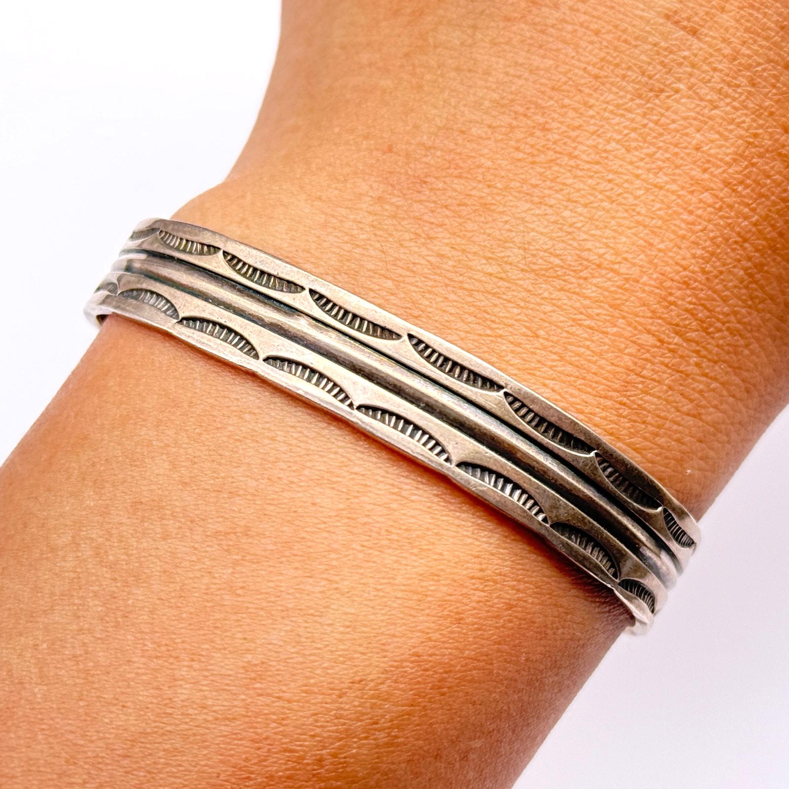 Vintage Navajo Native Thompson Platero Hand Stampwork Silver