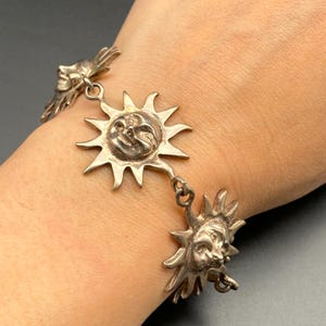 Vintage Sun Face Sterling Silver Link Bracelet 7-1/2&quot;