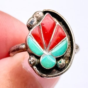 Vintage Zuni Native Turquoise Coral Silver Ring Size 6.5