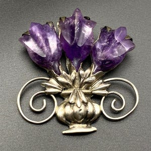 Vintage Mexico Silver Amethyst Flower Pin Brooch