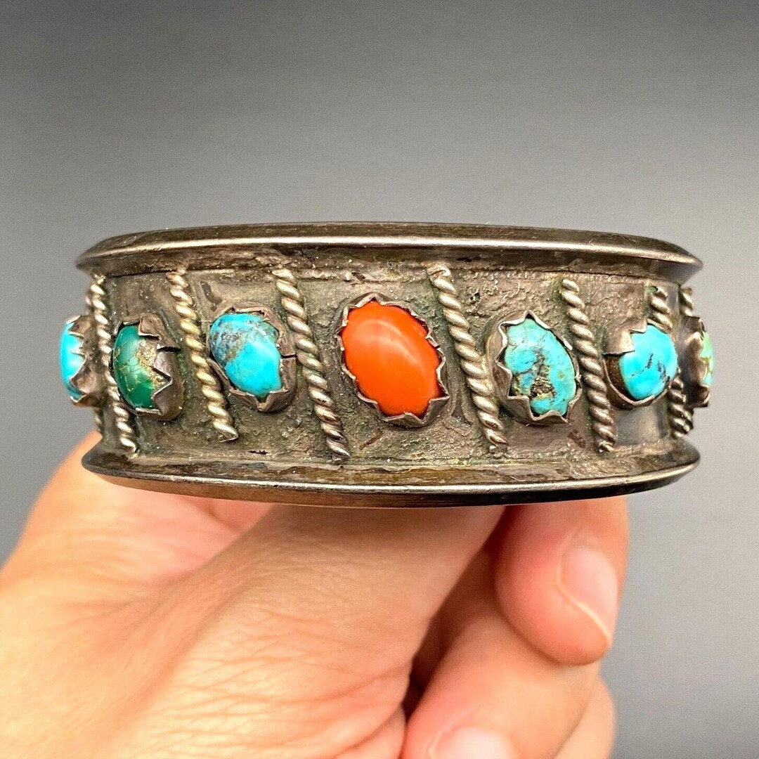 Vintage Navajo Native Turquoise Coral Silver Bracelet Cuff Small 6-1/8 ...