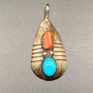 Vintage Navajo Turquoise Coral Sterling Silver Pendant