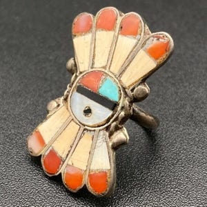 Vintage Zuni Native Kachina Turquoise Coral MOP Silver Ring Size 4.5