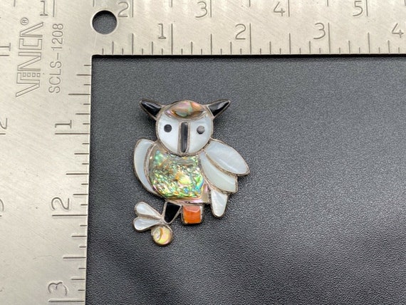Vintage Zuni Indian Owl MOP Coral Silver Pin Broo… - image 3