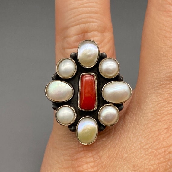 Vintage Pearl Coral Sterling Silver Ring Adjustab… - image 6