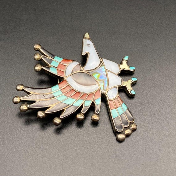 Turquoise Inlay Eagle Vintage Zuni Native Dishta Eagle Turquoise Coral Inla… - Gem
