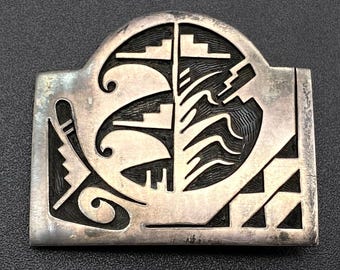 Fivela de cinto vintage Hopi Trinidad Lucas Cornstalk Raincloud em prata esterlina 7/8"