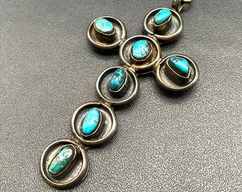 Vintage Navajo Native Turquoise Cross Silver Pendant Necklace 26