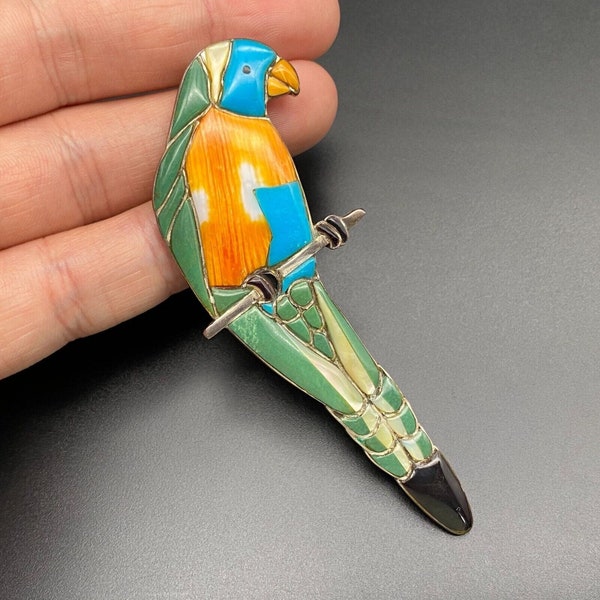 Vintage Reynetsa Leland Zuni Parrot Bird Sterling Silver Pin Brooch Pendant