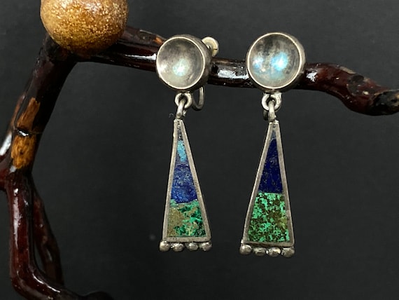 Vintage Mexico Turquoise Aztec Screw On Earrings