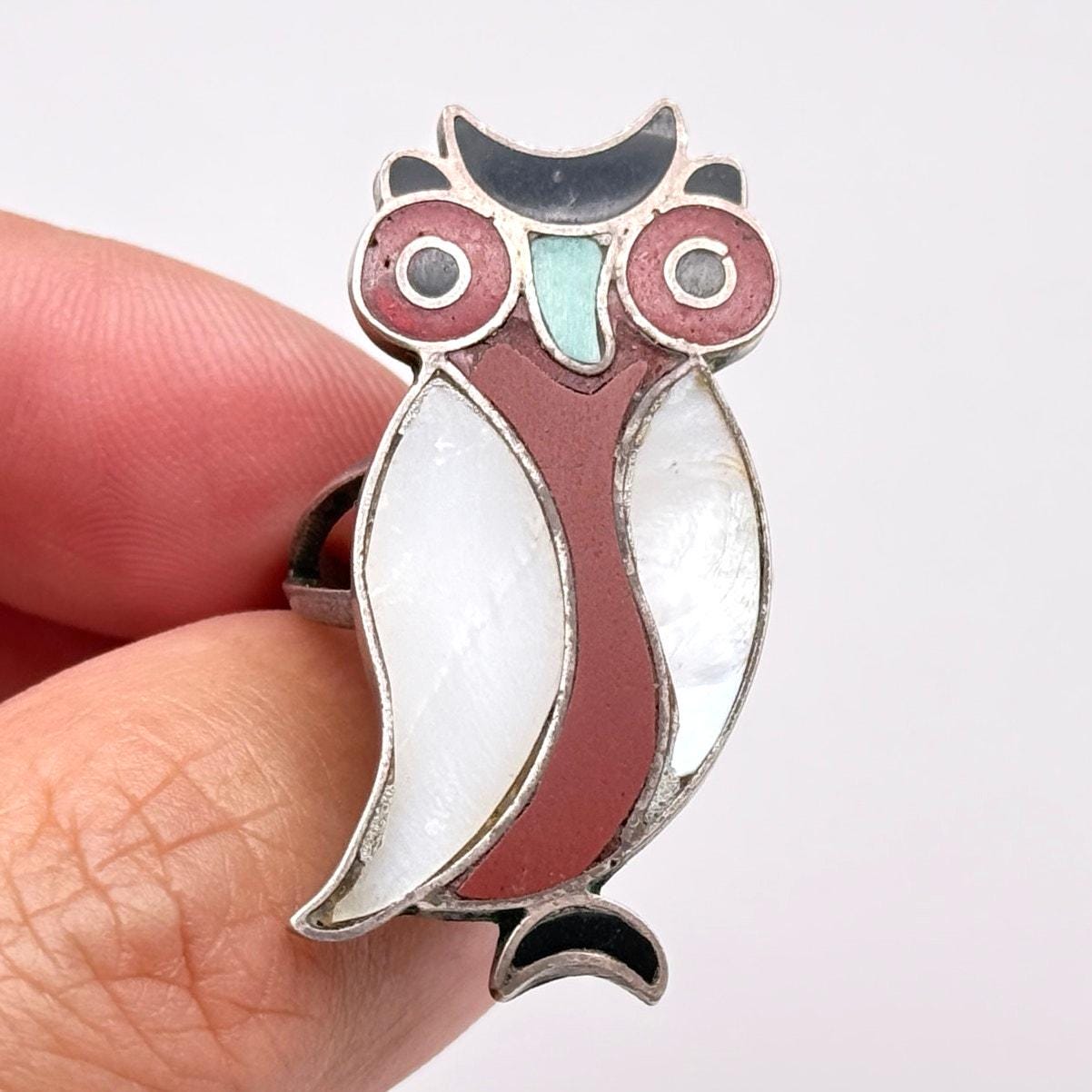 Vintage Southwestern Owl Bird Multi Stone Inlay Silver Ring Size 7