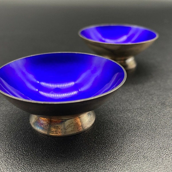 Vintage VB Denmark Sterling Silver Blue Enamel Bowl Pair of 2