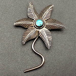 Vintage Navajo Native Turquoise Silver Leaf Flower Silver Brooch Pin