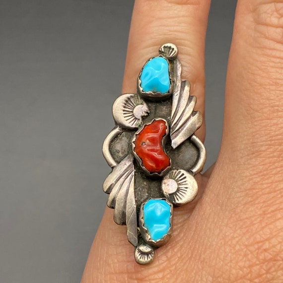 Vintage Southwestern Turquoise Coral Silver Ring … - image 5