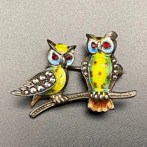 Petite Vintage Owl Bird Enamel Marcasite Sterling Silver Pin Brooch