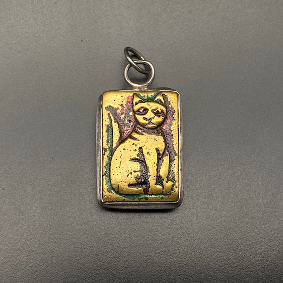 Vintage Cat Mixed Metal Silver Brass Copper Penda… - image 1