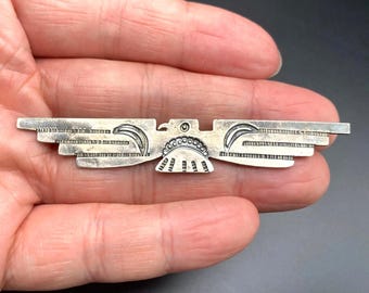 Vintage Navajo Native Thunderbird Hand Stampwork Silver Brooch Pin