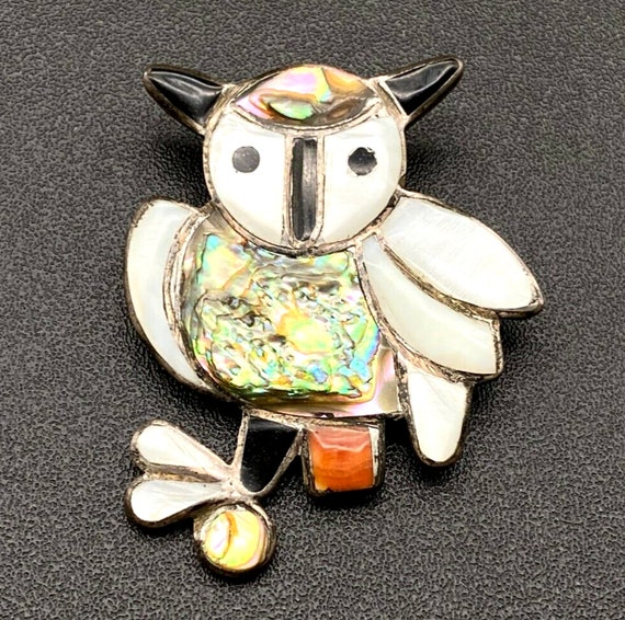 Vintage Zuni Indian Owl MOP Coral Silver Pin Broo… - image 1